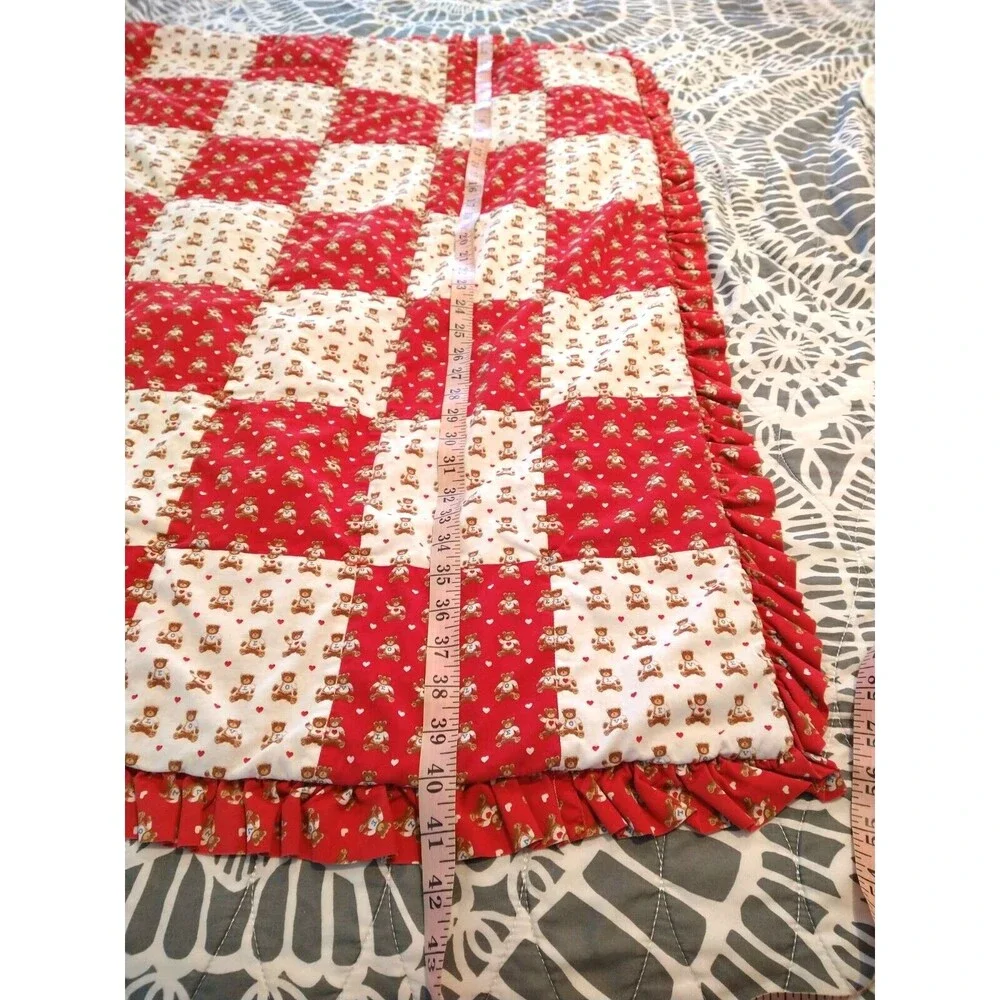 Vintage Red with White bear printed Love Quilt For Baby Crib